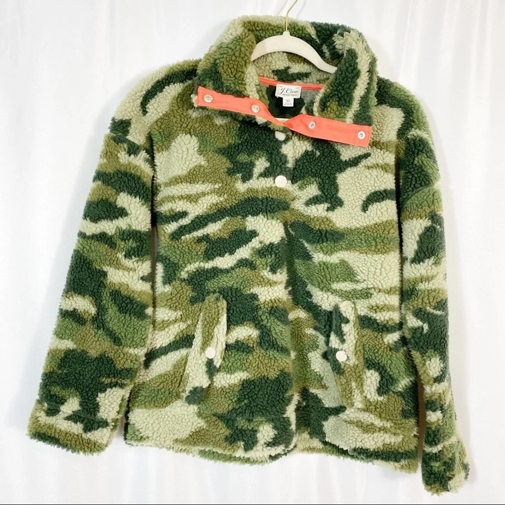 J. Crew Vintage Sherpa Fleece Pullover Jacket Camo Camouflage Olive Army Green